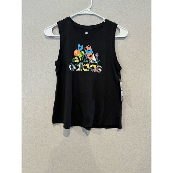 NWT Adidas Girls Size Large Athletic Floral Sleeveless Tank Top Crewneck Black - Picture 1 of 4